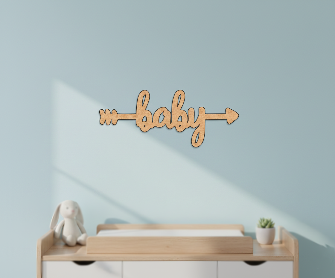 Unpainted MDF Baby quote arrow laser cut DIY wall decor craft cutout, mounted on wall