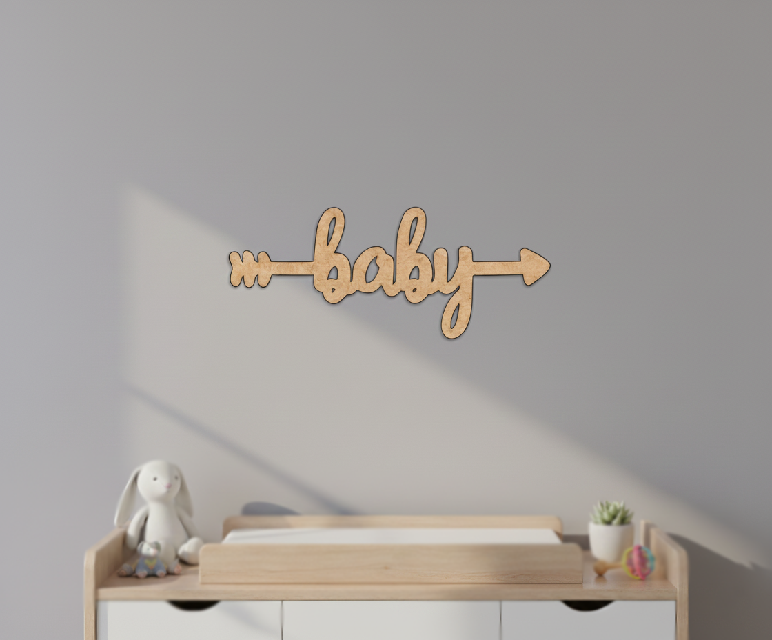 Unpainted MDF Baby quote arrow laser cut DIY wall decor craft cutout, mounted on wall