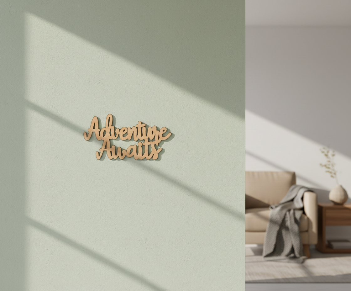 Unpainted MDF Adventure Awaits quote laser cut DIY wall decor craft cutout, mounted on wall