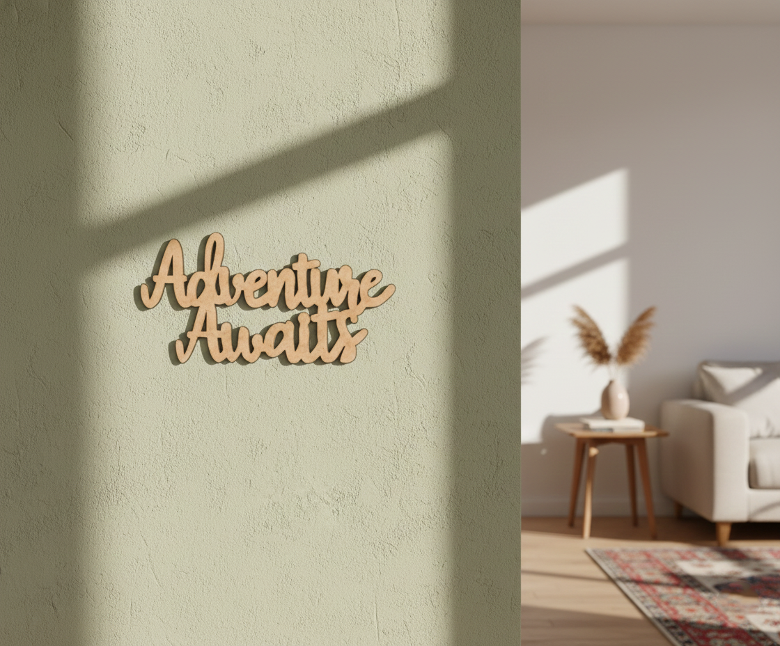Unpainted MDF Adventure Awaits quote laser cut DIY wall decor craft cutout, mounted on wall