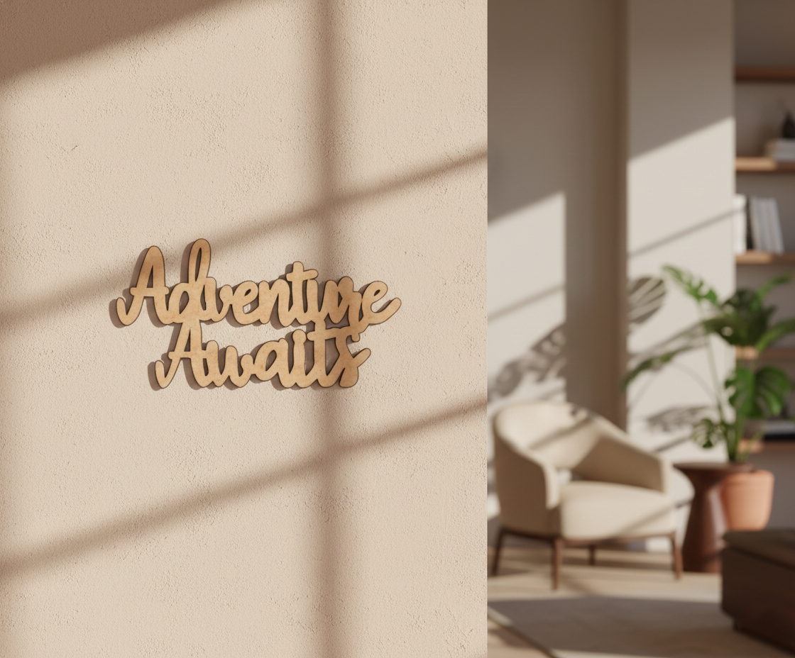 Unpainted MDF Adventure Awaits quote laser cut DIY wall decor craft cutout, mounted on wall