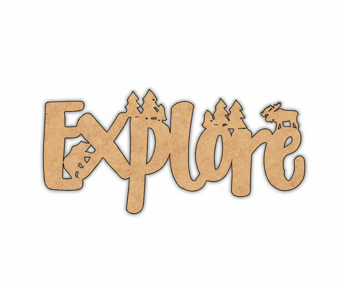 Unpainted MDF Explore quote with forest design laser cut DIY wall decor craft cutout