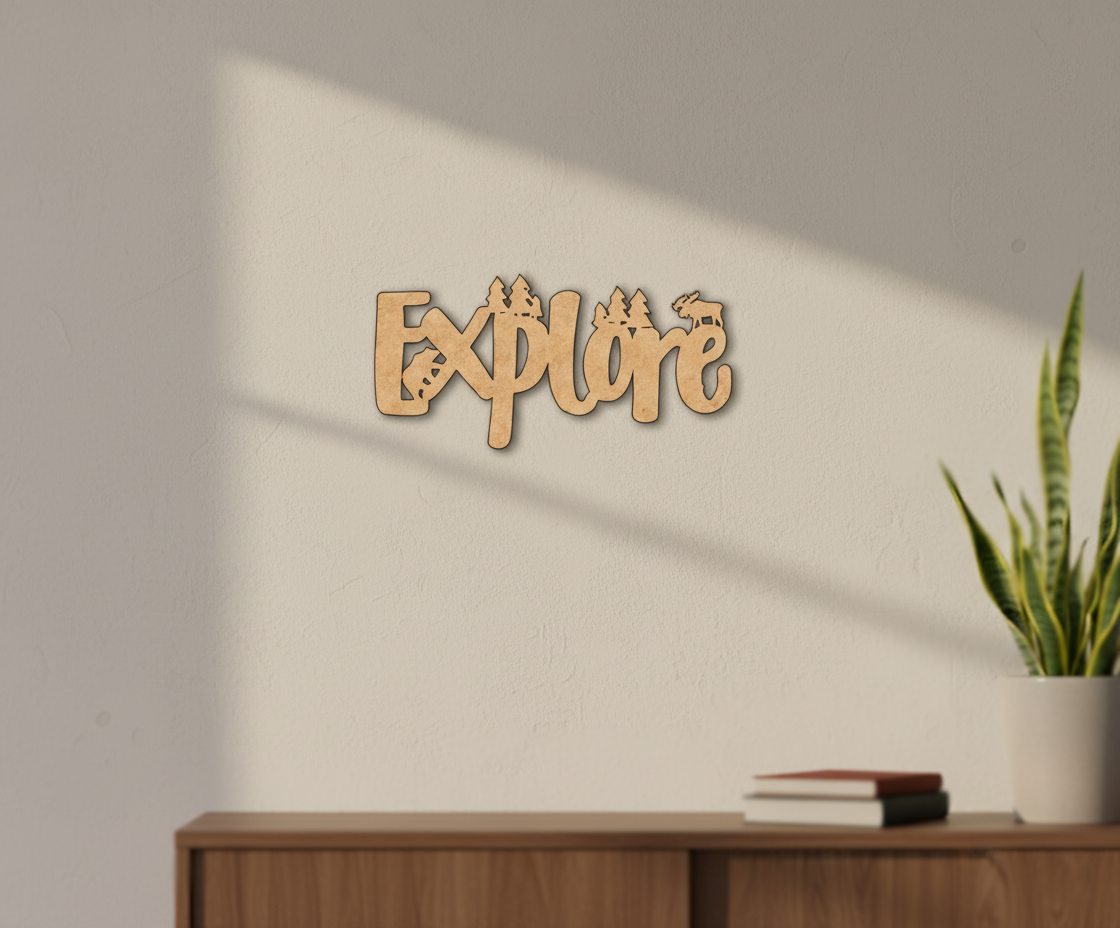 Unpainted MDF Explore quote with forest design laser cut DIY wall decor craft cutout, mounted on wall