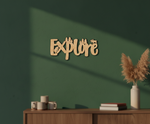 Unpainted MDF Explore quote with forest design laser cut DIY wall decor craft cutout, mounted on wall