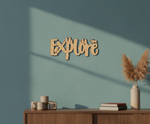Unpainted MDF Explore quote with forest design laser cut DIY wall decor craft cutout, mounted on wall