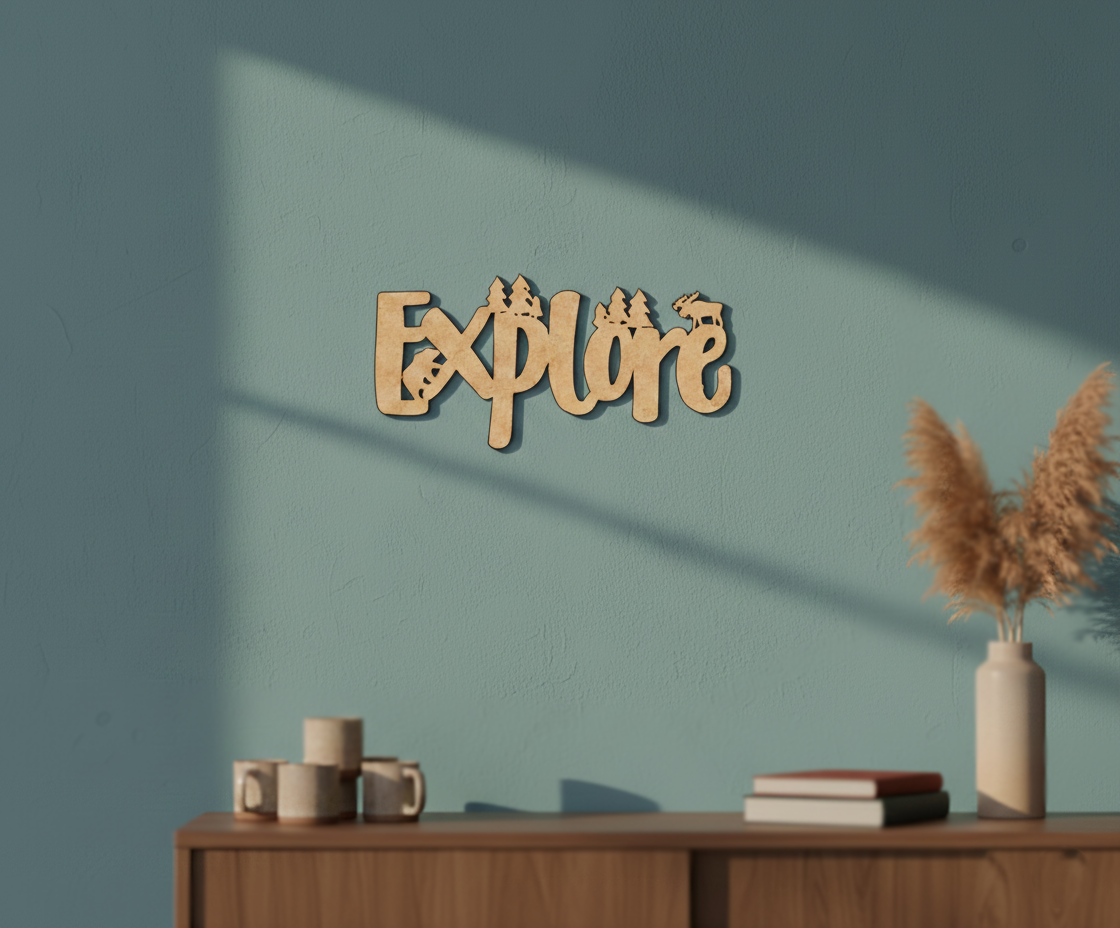 Unpainted MDF Explore quote with forest design laser cut DIY wall decor craft cutout, mounted on wall