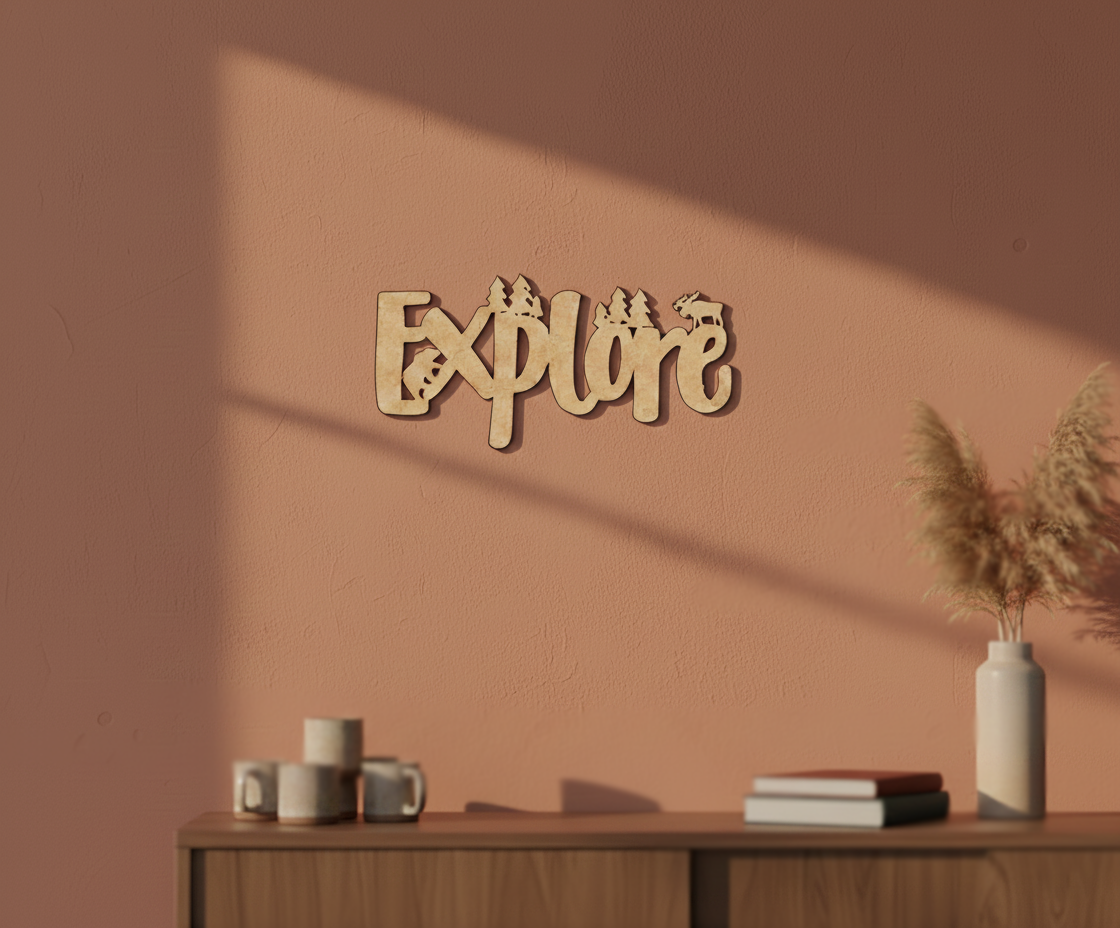 Unpainted MDF Explore quote with forest design laser cut DIY wall decor craft cutout, mounted on wall