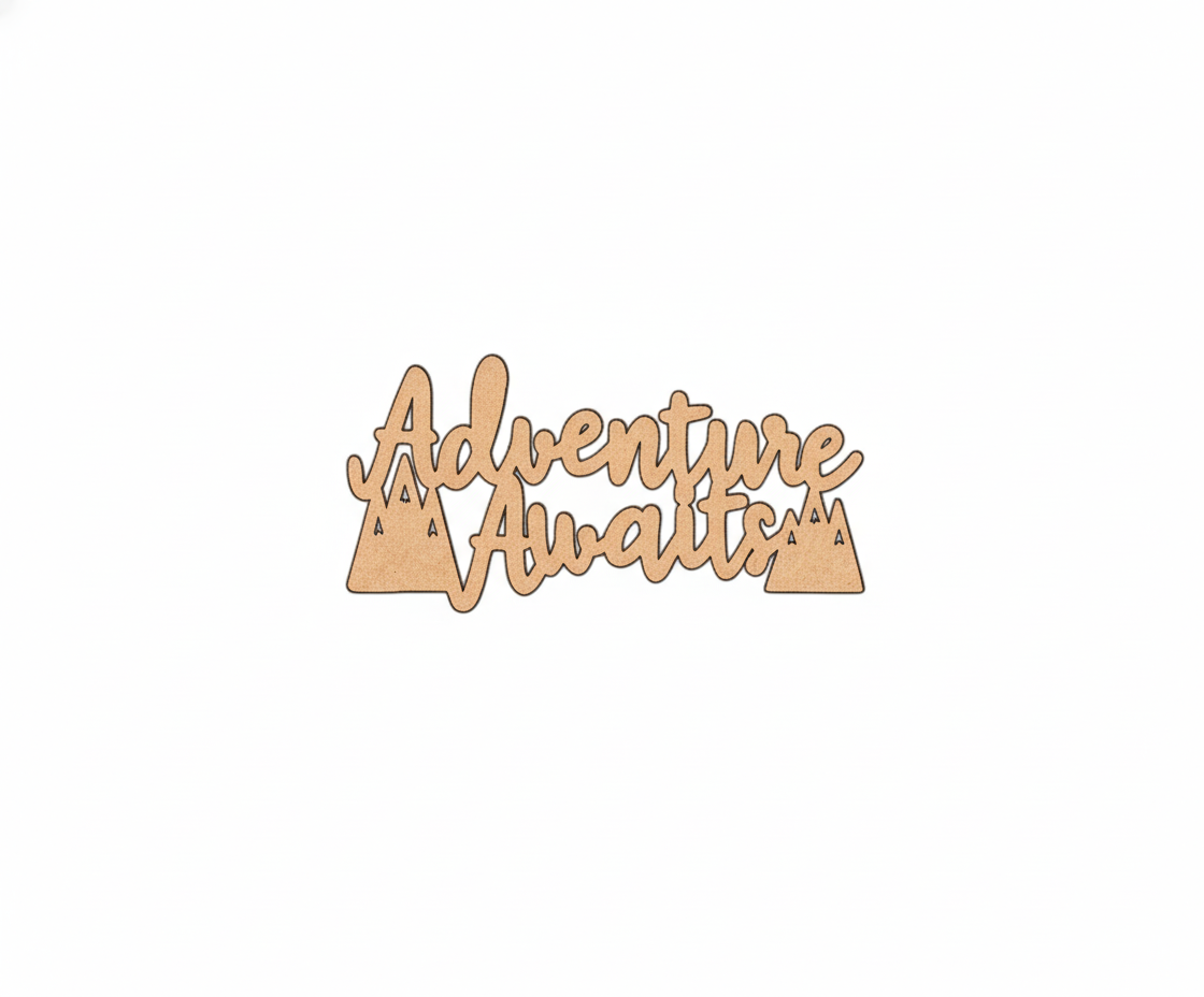 Unpainted MDF Adventure Awaits quote with mountain design laser cut DIY wall decor craft cutout