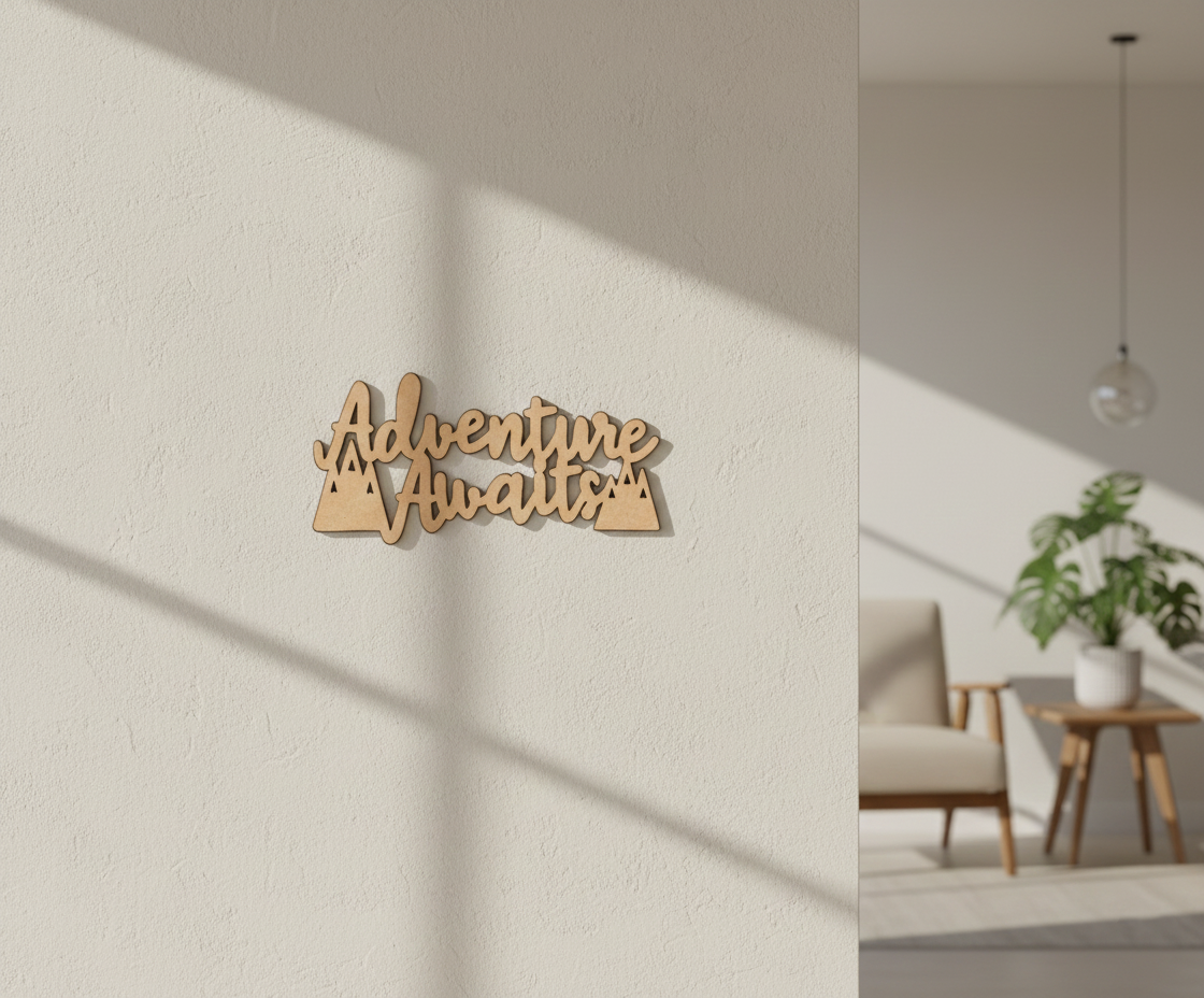 Unpainted MDF Adventure Awaits quote with mountain design laser cut DIY wall decor craft cutout