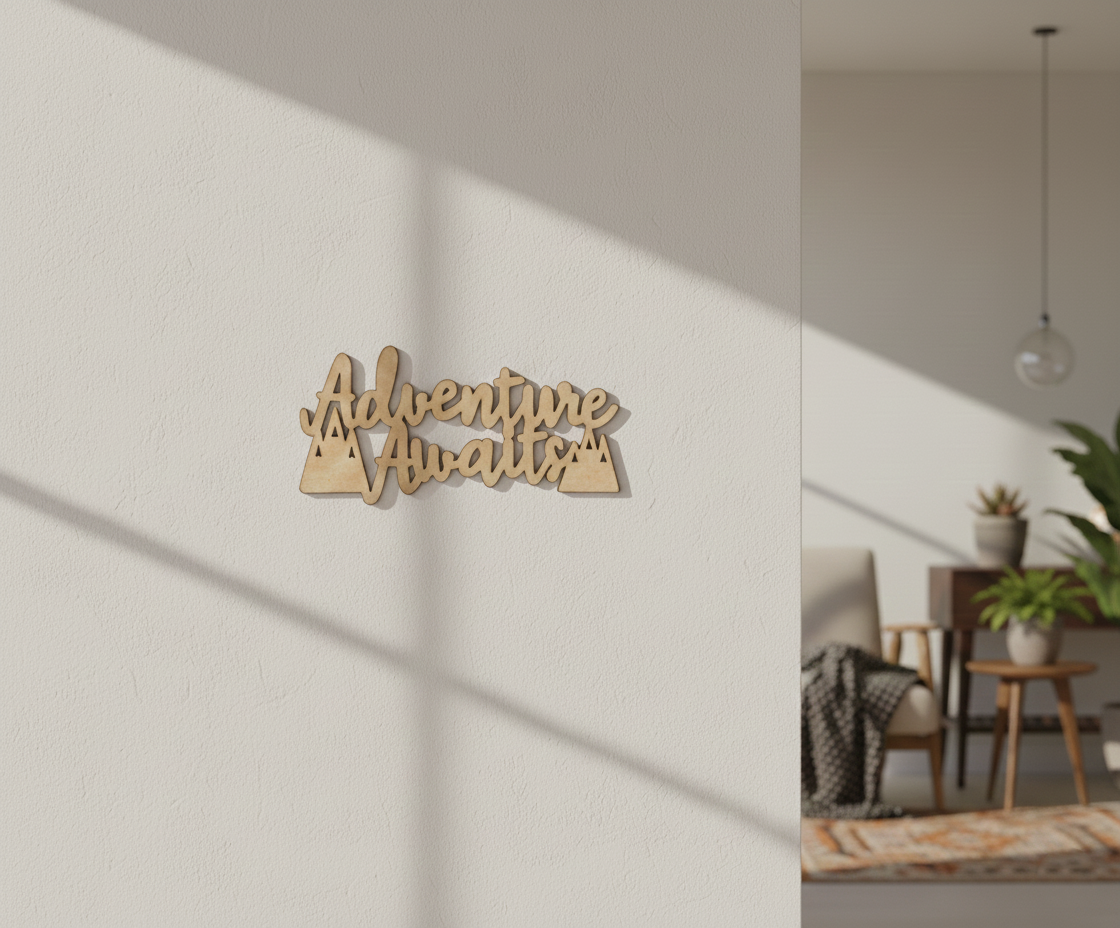 Unpainted MDF Adventure Awaits quote with mountain design laser cut DIY wall decor craft cutout, mounted on wall