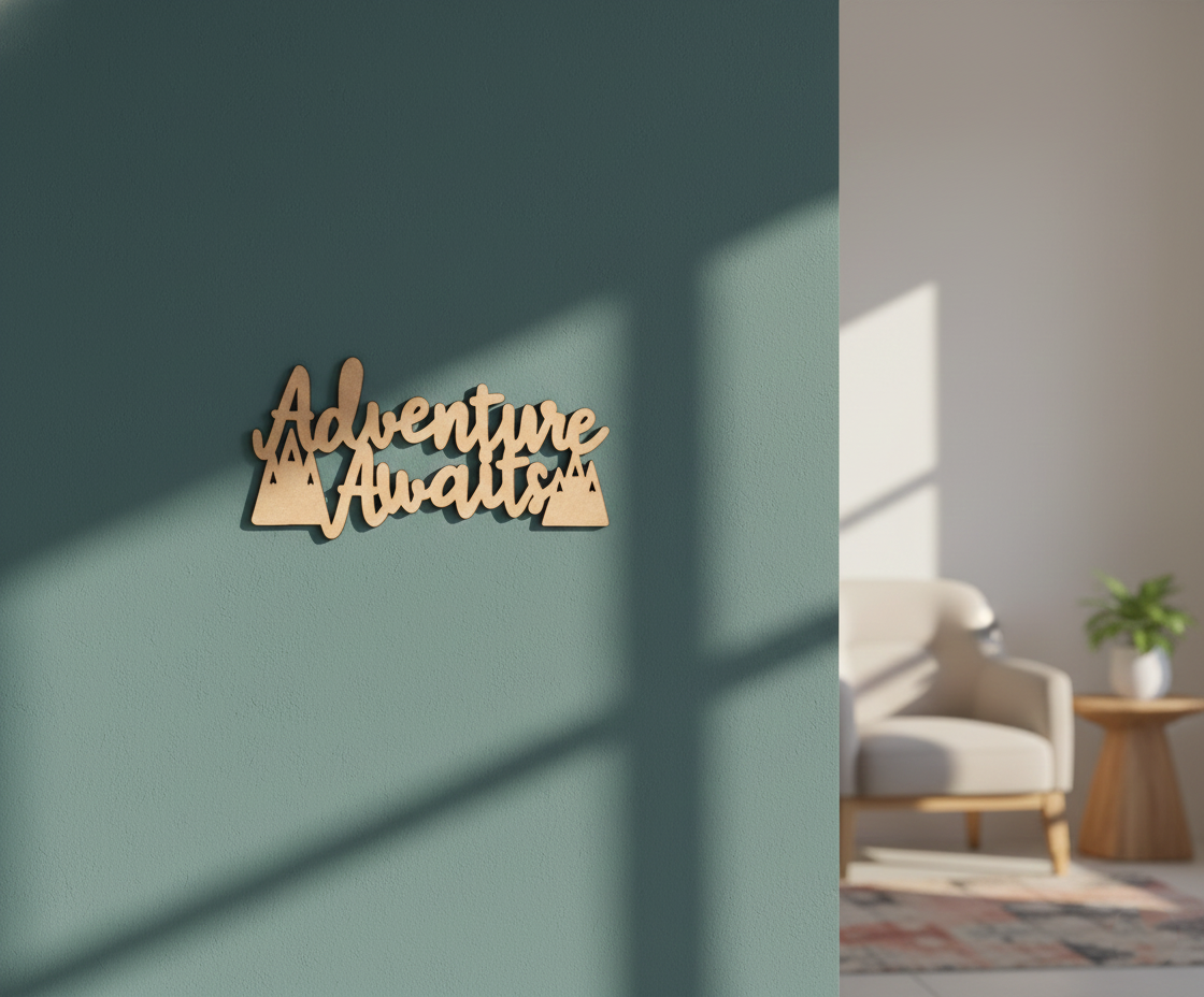 Unpainted MDF Adventure Awaits quote with mountain design laser cut DIY wall decor craft cutout, mounted on wall