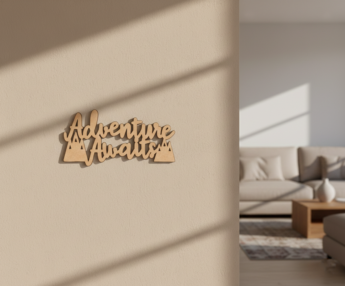 Unpainted MDF Adventure Awaits quote with mountain design laser cut DIY wall decor craft cutout, mounted on wall
