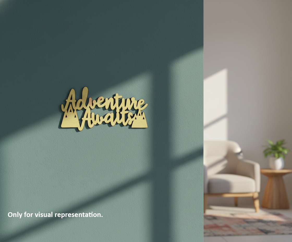 Painted MDF Adventure Awaits quote with mountain design laser cut DIY wall decor craft cutout, mounted on wall
