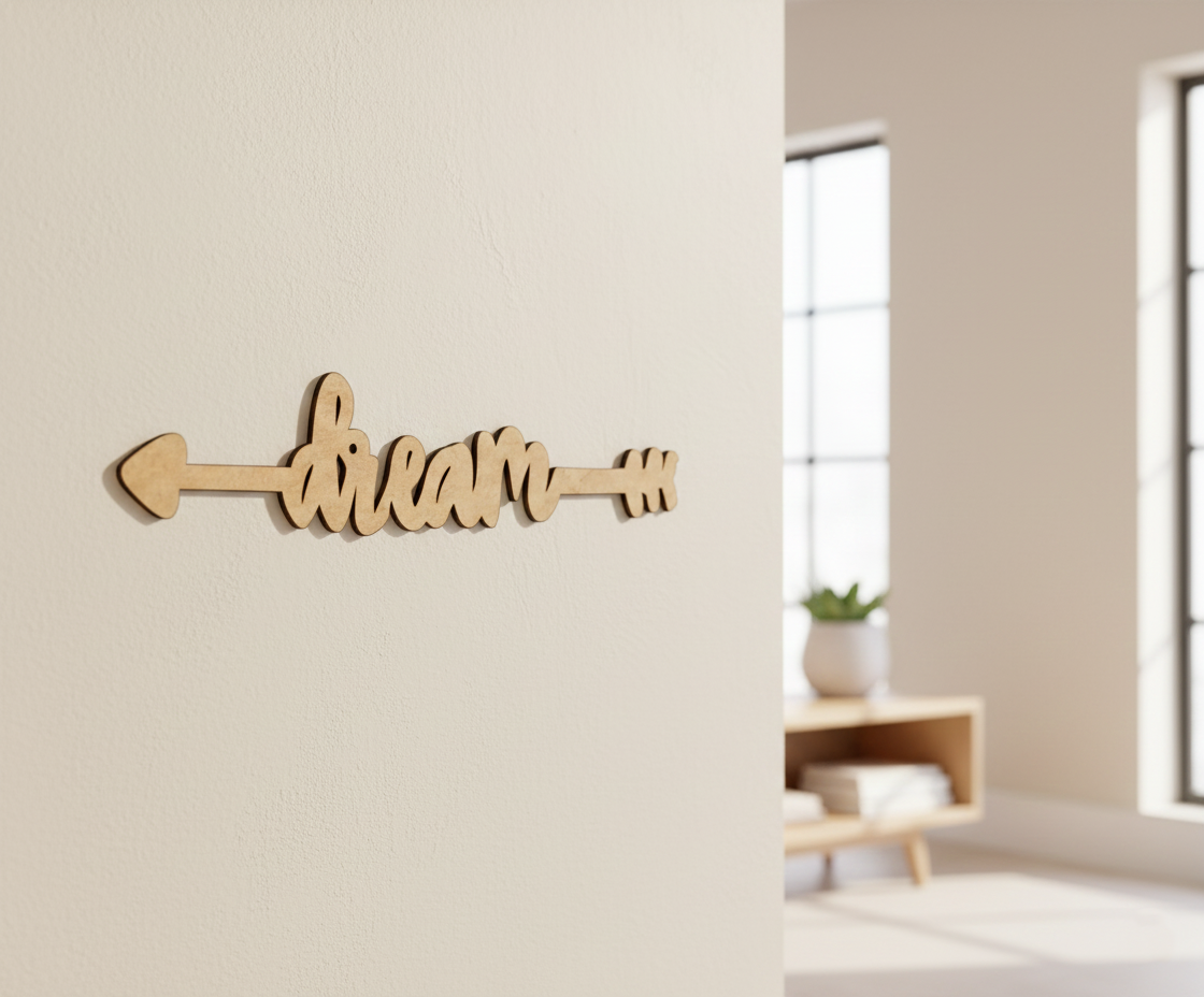 Unpainted MDF Dream quote arrow laser cut DIY wall decor craft cutout, mounted on wall