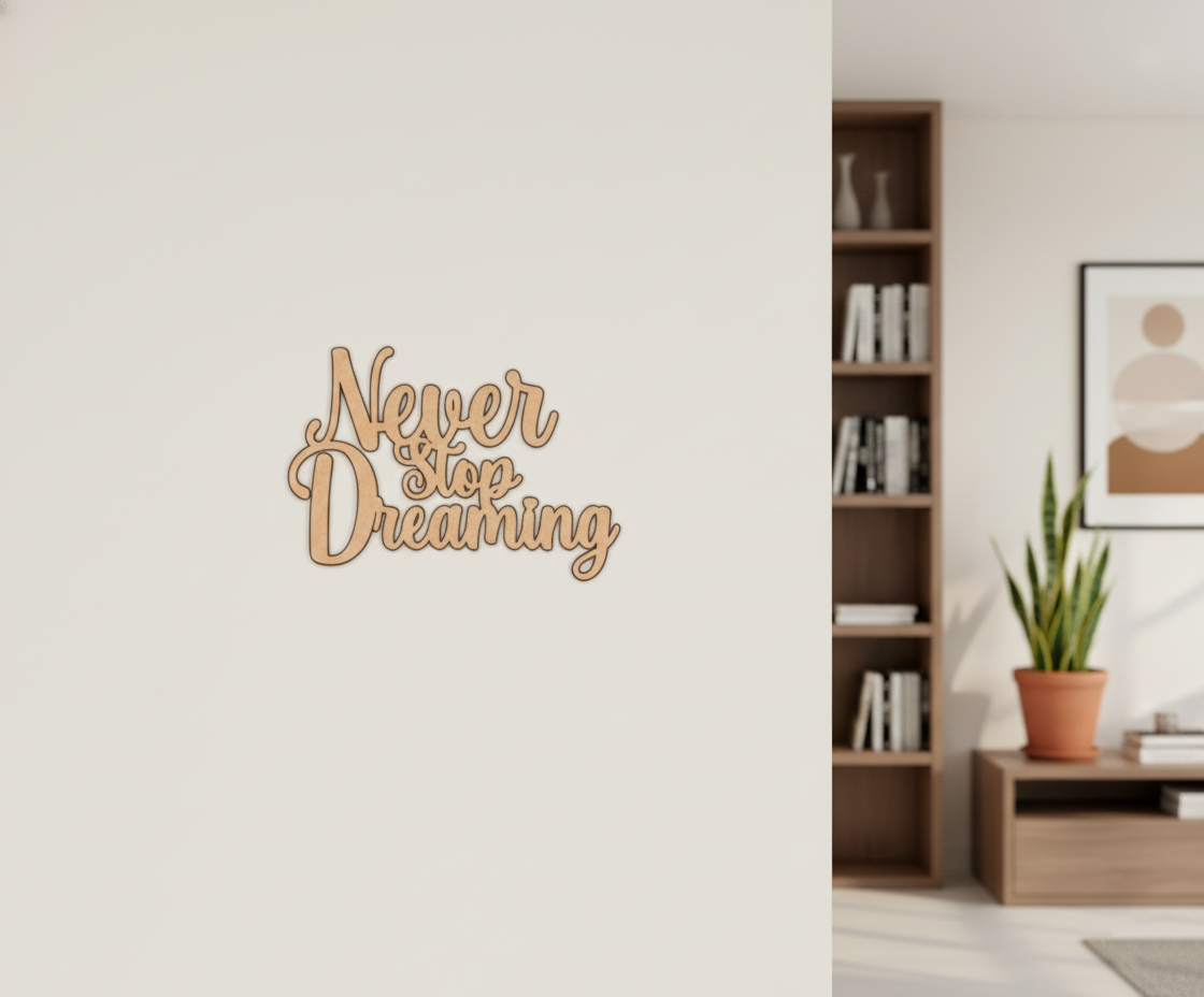 MDF Never Stop Dreaming Quote Wall Decor DIY Cutout Art Kit for painting and craft, mounted on wall