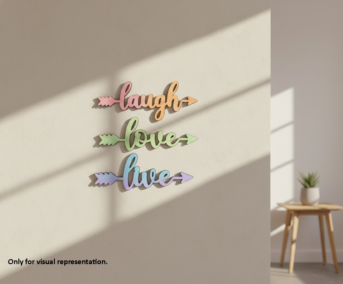 Painted MDF Laugh Love Live Quote Wall Decor DIY Cutout Art Kit for painting and craft, mounted on wall