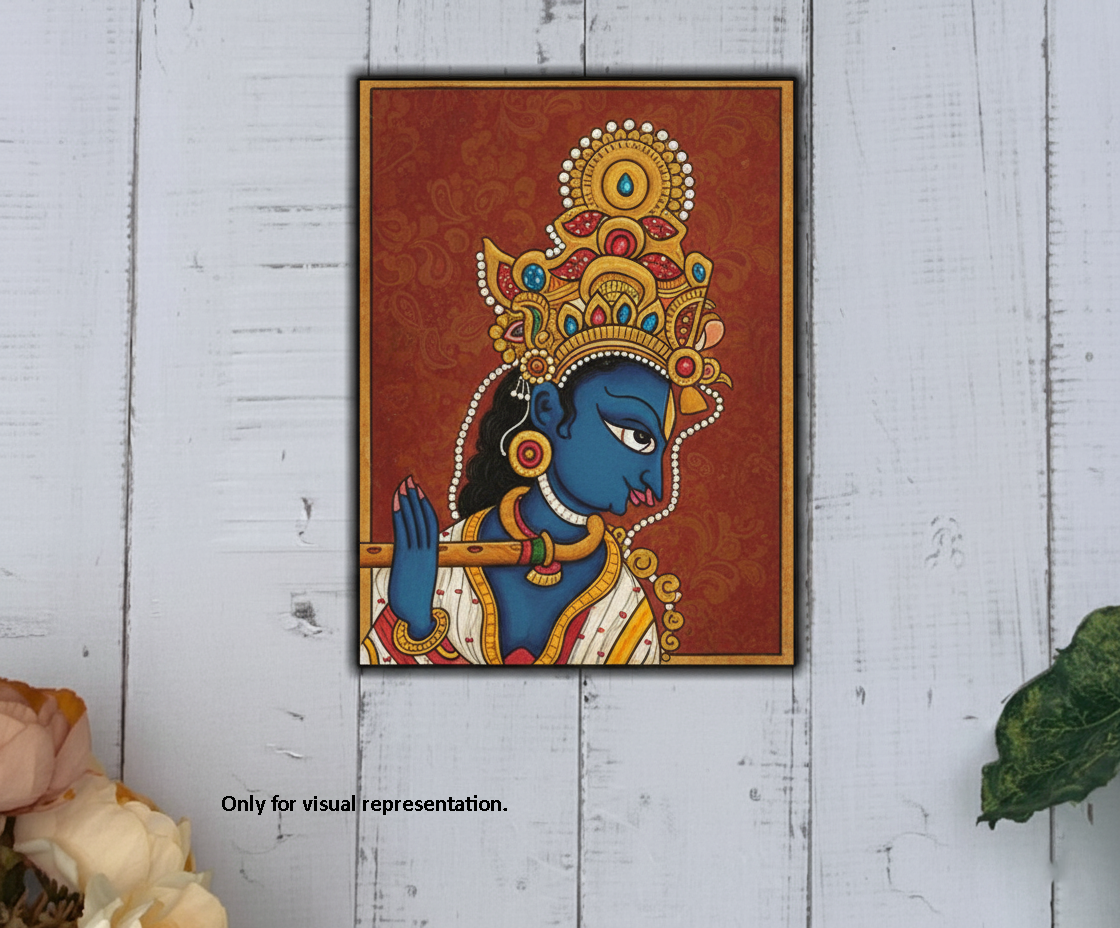 Traditional MDF DIY Painting Base with Krishna Playing Flute Design coloured 