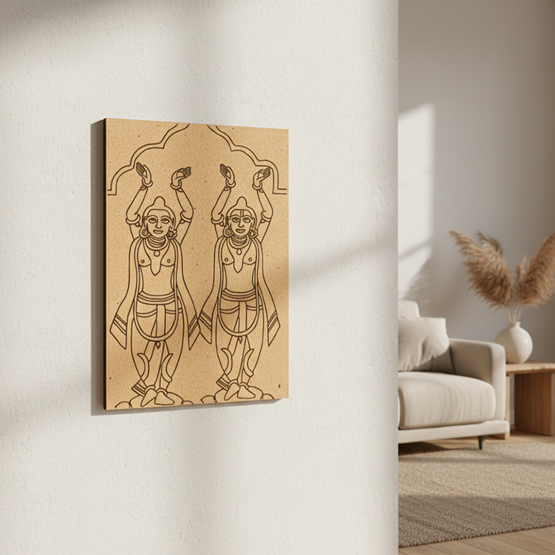 Traditional MDF DIY Painting Base with Twin Devotee Bhakti Figure Outline side angle 