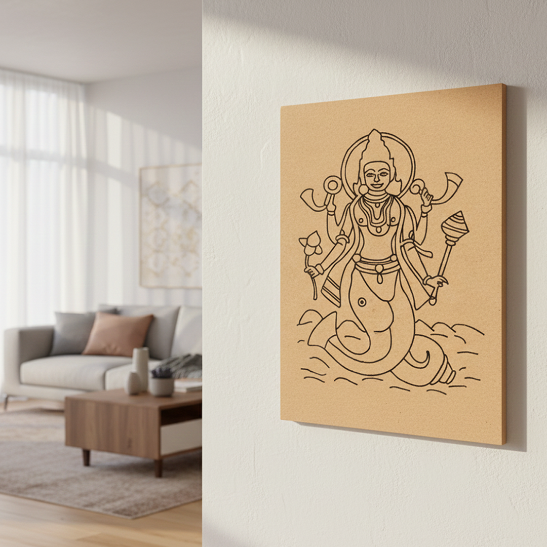 Traditional MDF DIY Painting Base with Matsya Avatar Divine Outline side angle 