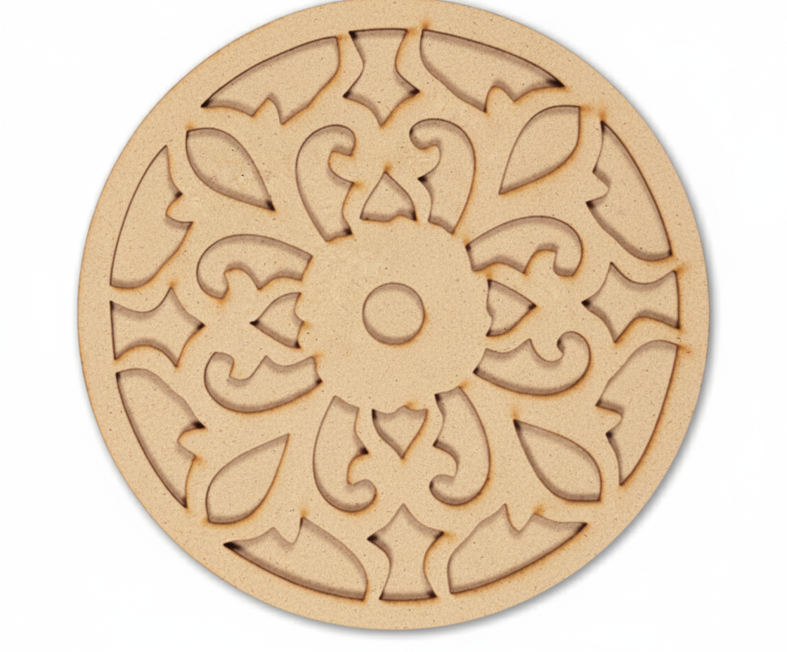 Unpainted round laser-cut MDF rangoli base with intricate floral and ornamental pattern design