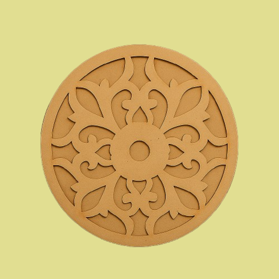 Unpainted round laser-cut MDF rangoli base with intricate floral and ornamental pattern design on yellow background 