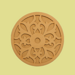 Unpainted round laser-cut MDF rangoli base with intricate floral and ornamental pattern design on yellow background 