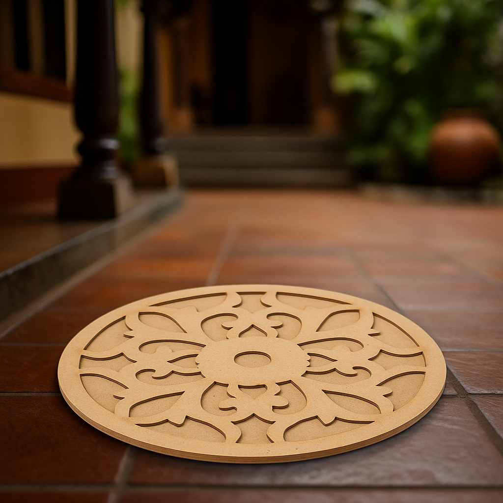 Unpainted round laser-cut MDF rangoli base with intricate floral and ornamental pattern design placed on marble floor