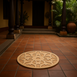 Unpainted round laser-cut MDF rangoli base with intricate floral and ornamental pattern design placed on marble floor