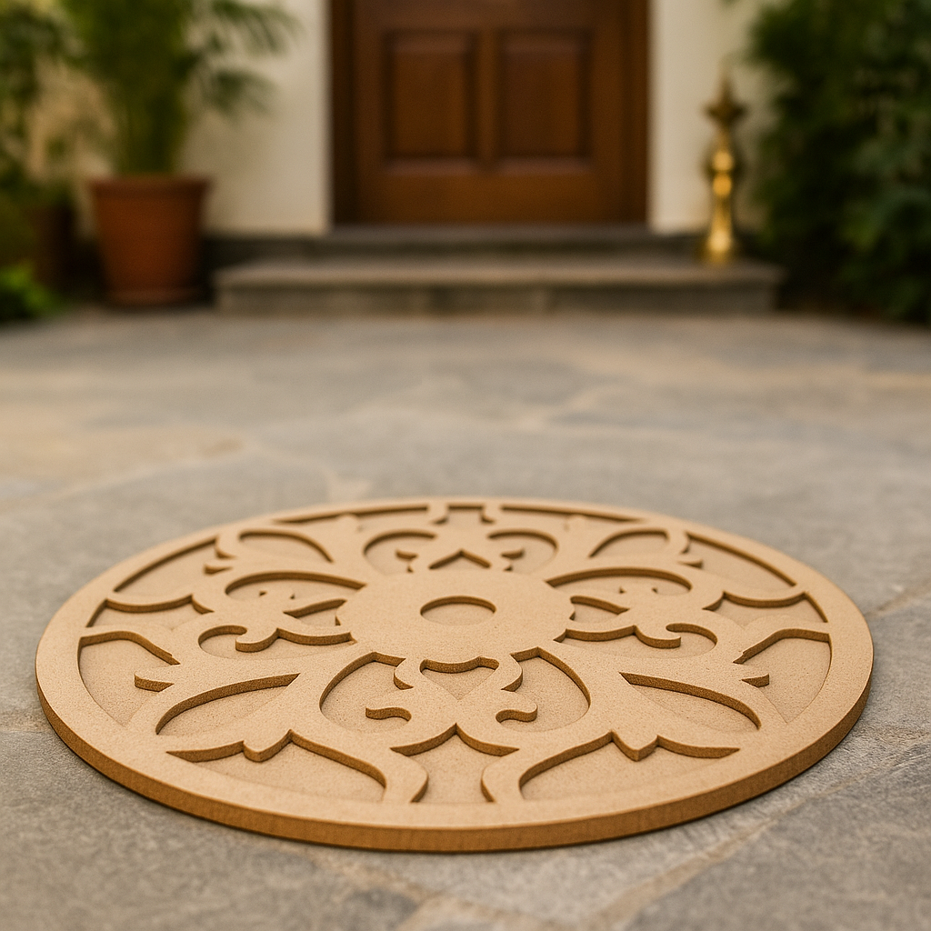 Unpainted round laser-cut MDF rangoli base with intricate floral and ornamental pattern design placed on  floor