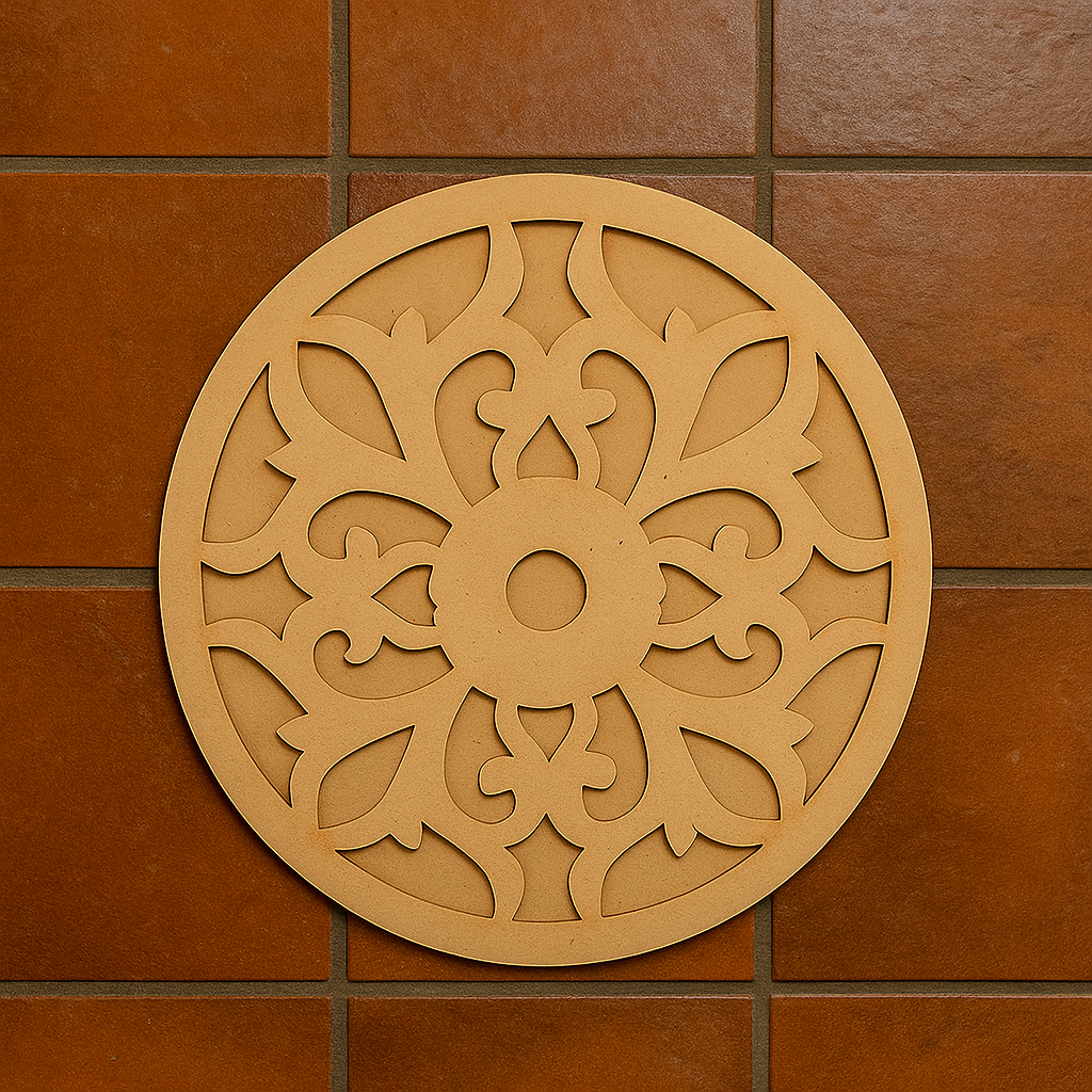 Unpainted round laser-cut MDF rangoli base with intricate floral and ornamental pattern design placed on marble floor