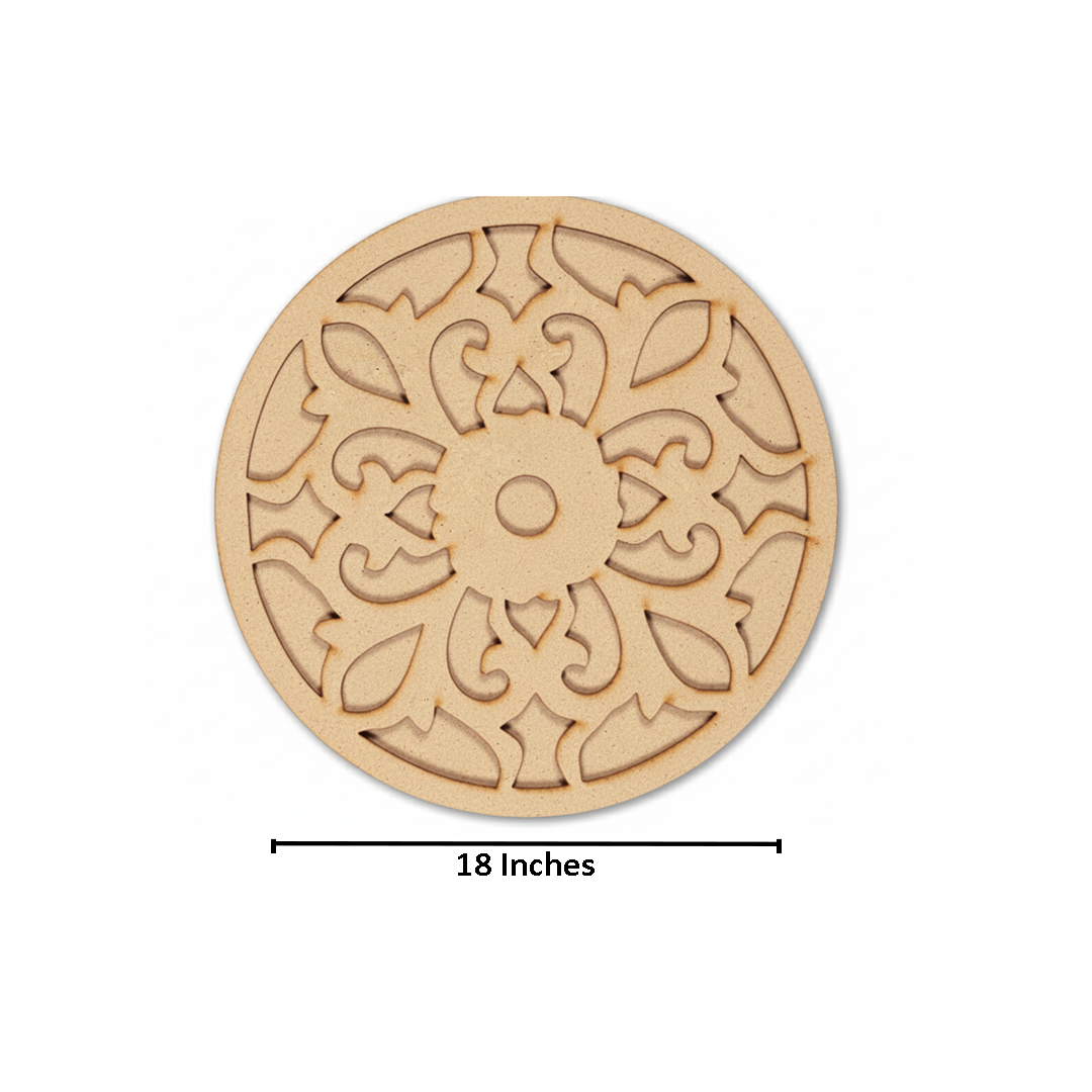 Unpainted round laser-cut MDF rangoli base with intricate floral and ornamental pattern design with size