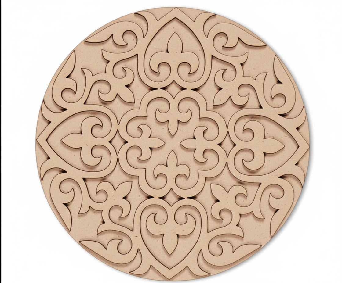 Unpainted round layered laser-cut MDF mandala base with intricate ornamental floral pattern placed 