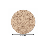 Unpainted round layered laser-cut MDF mandala base with intricate ornamental floral pattern with size