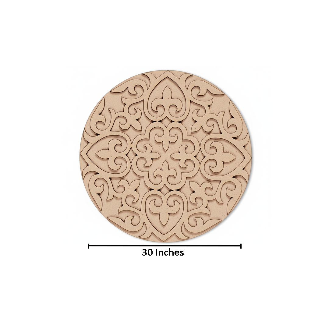 Unpainted round layered laser-cut MDF mandala base with intricate ornamental floral pattern with size