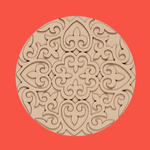 Unpainted round layered laser-cut MDF mandala base with intricate ornamental floral pattern on red background 