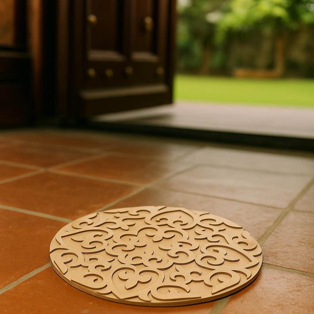 Unpainted round layered laser-cut MDF mandala base with intricate ornamental floral pattern placed on marble floor 