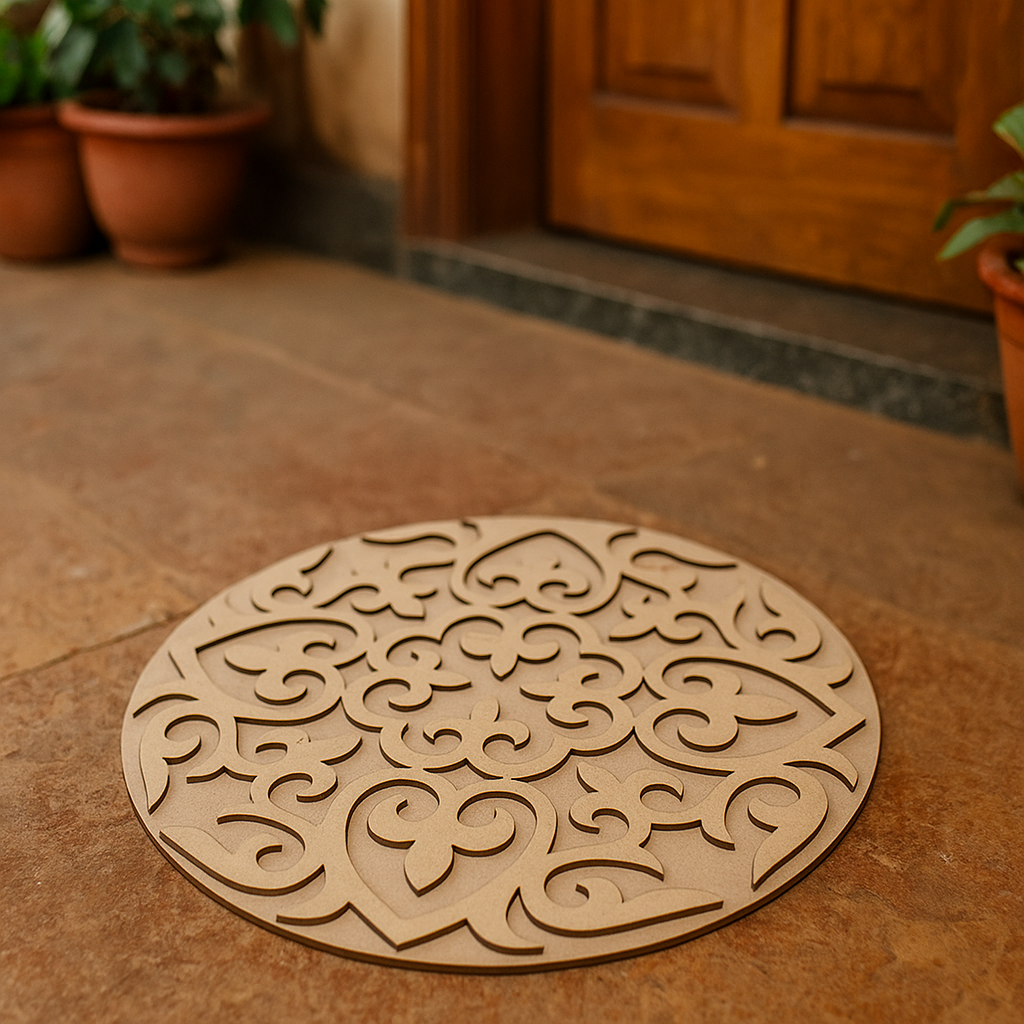 Unpainted round layered laser-cut MDF mandala base with intricate ornamental floral pattern placed on marble floor 