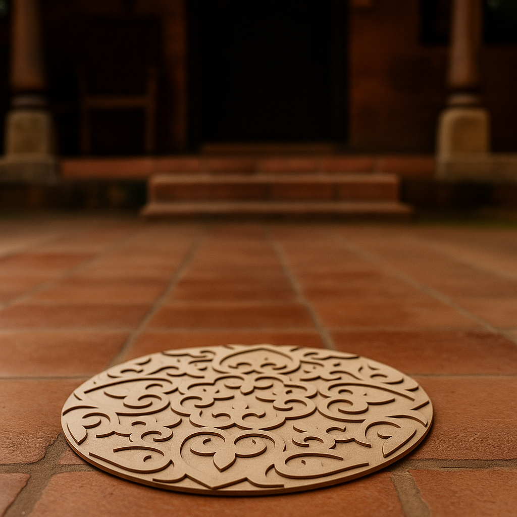 Unpainted round layered laser-cut MDF mandala base with intricate ornamental floral pattern placed on marble floor 