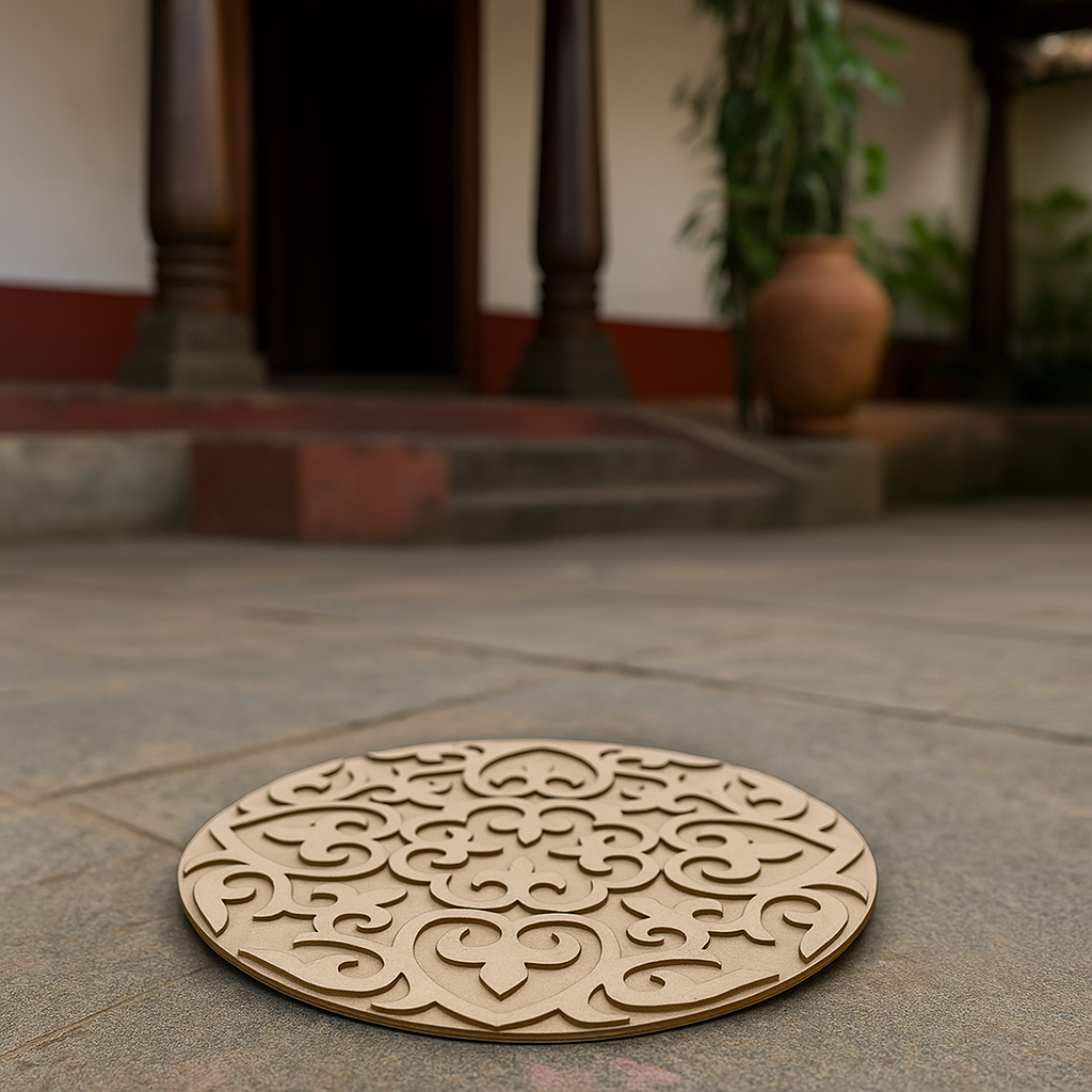 Unpainted round layered laser-cut MDF mandala base with intricate ornamental floral pattern placed on marble floor 