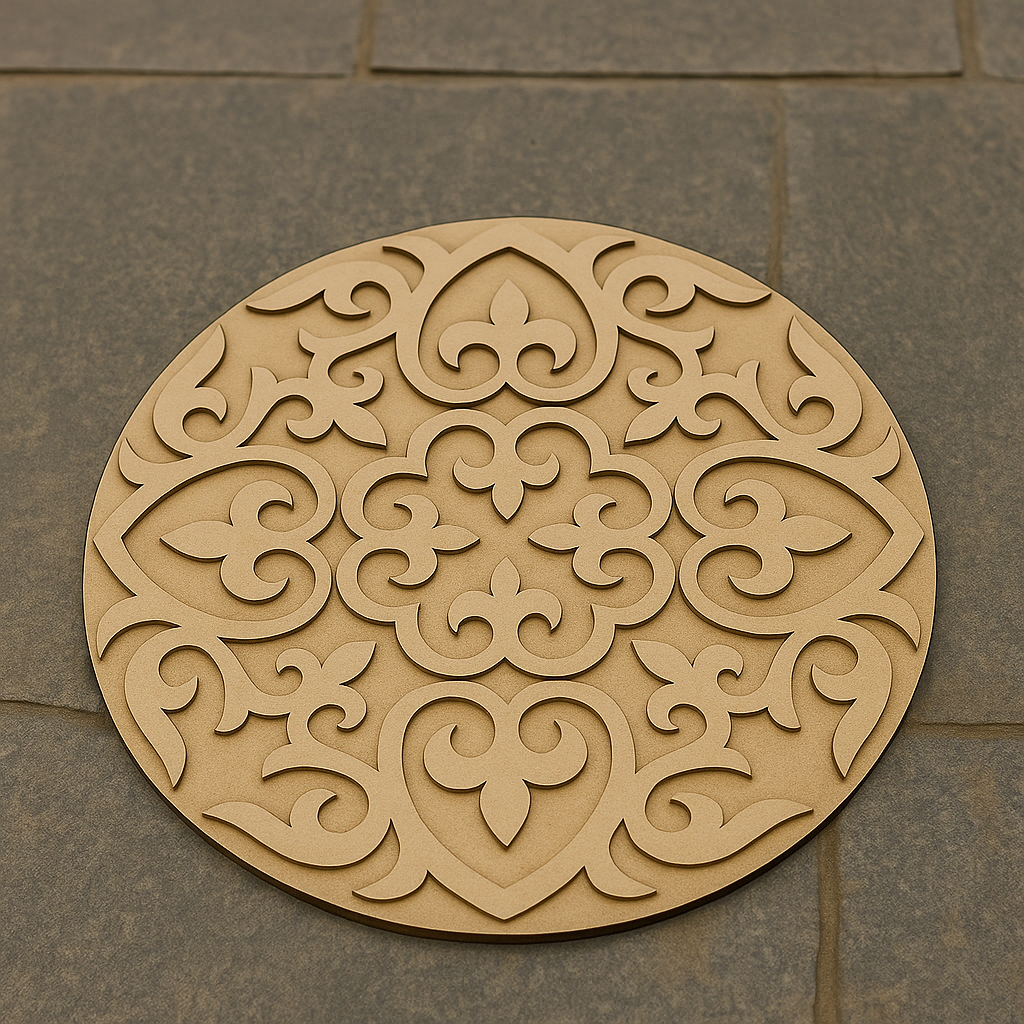 Unpainted round layered laser-cut MDF mandala base with intricate ornamental floral pattern placed on marble floor 
