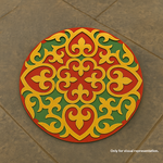Painted round layered laser-cut MDF mandala base with intricate ornamental floral pattern placed on marble floor 