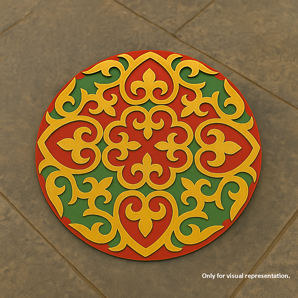 Painted round layered laser-cut MDF mandala base with intricate ornamental floral pattern placed on marble floor 