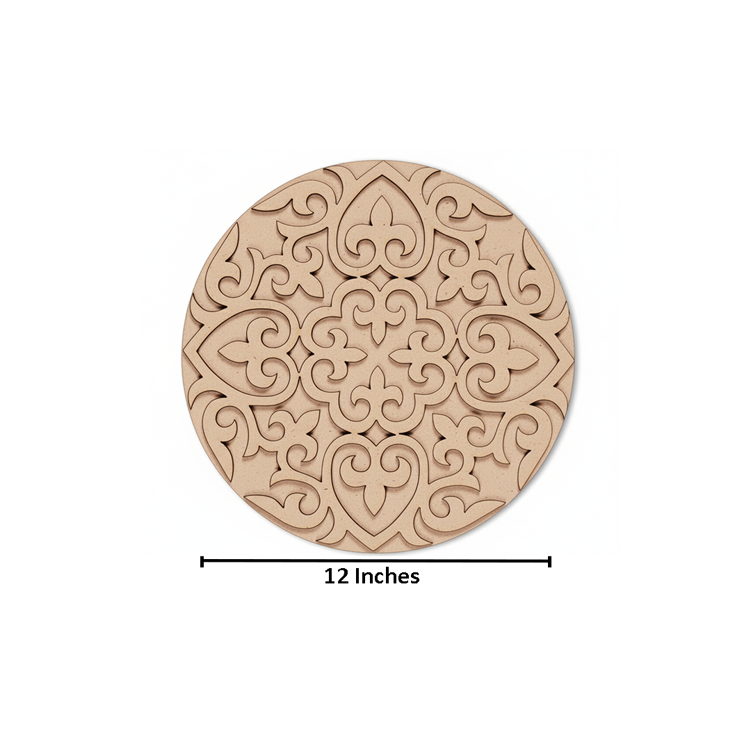 Unpainted round layered laser-cut MDF mandala base with intricate ornamental floral pattern with size