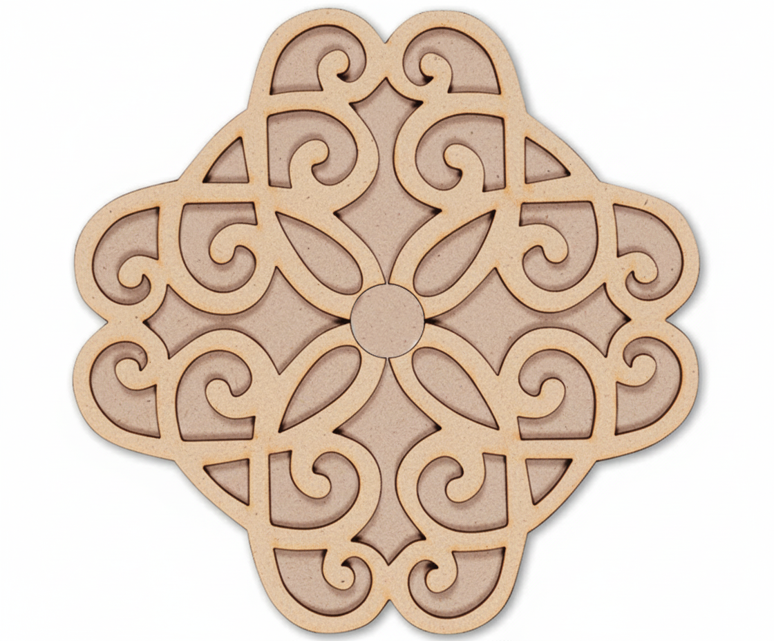 MDF floral jali rangoli base cutout with engraved swirl pattern and center circle for DIY festive floor decoration