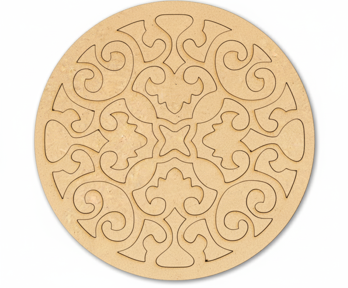 MDF round scroll rangoli base cutout with engraved pattern for DIY festive floor decoration and pooja decor