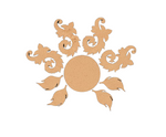 Unpainted MDF floral swirl rangoli cutout set with central round base surrounded by decorative swirl and leaf shapes 