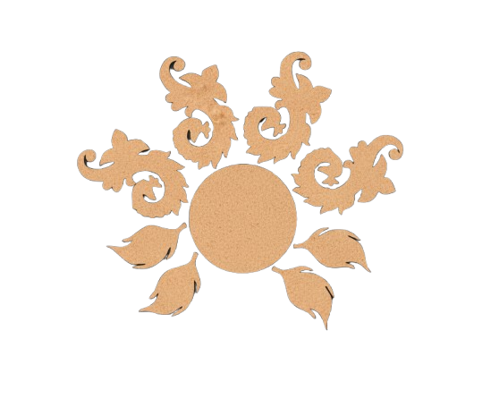 Unpainted MDF floral swirl rangoli cutout set with central round base surrounded by decorative swirl and leaf shapes 