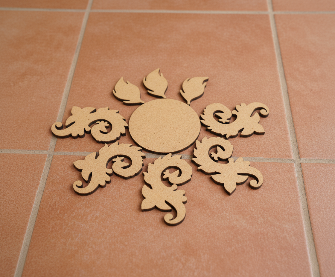 Unpainted MDF floral swirl rangoli cutout set with central round base surrounded by decorative swirl and leaf shapes placed on floor 