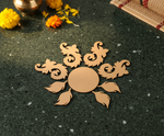  Unpainted MDF floral swirl rangoli cutout set with central round base surrounded by decorative swirl and leaf shapes placed on floor 