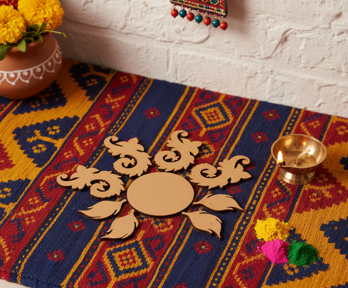 Unpainted MDF floral swirl rangoli cutout set with central round base surrounded by decorative swirl and leaf shapes placed on mat 